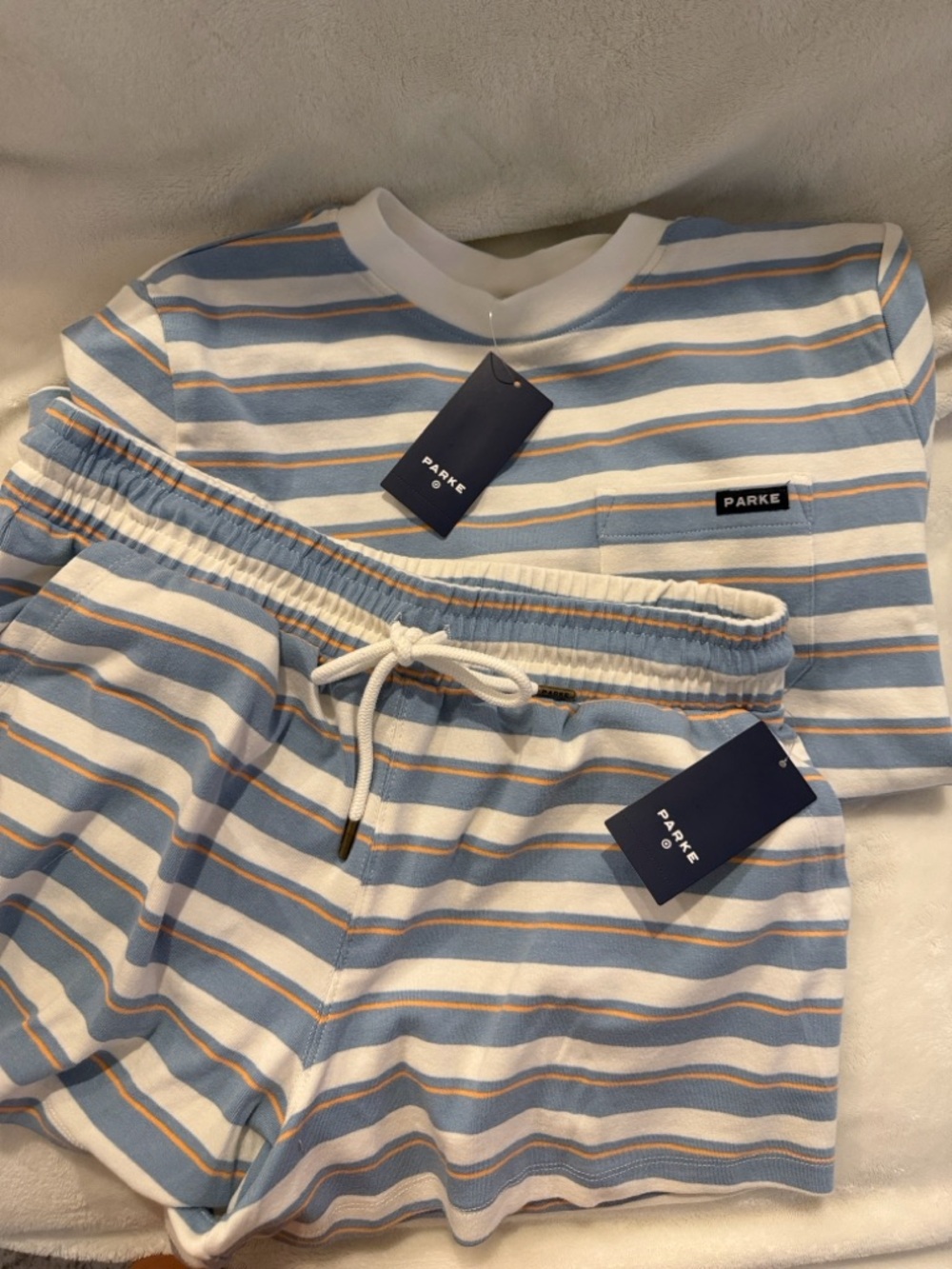 Parke x Target Striped Short-Sleeve Tee & Shorts in White, Light Blue & Yellow